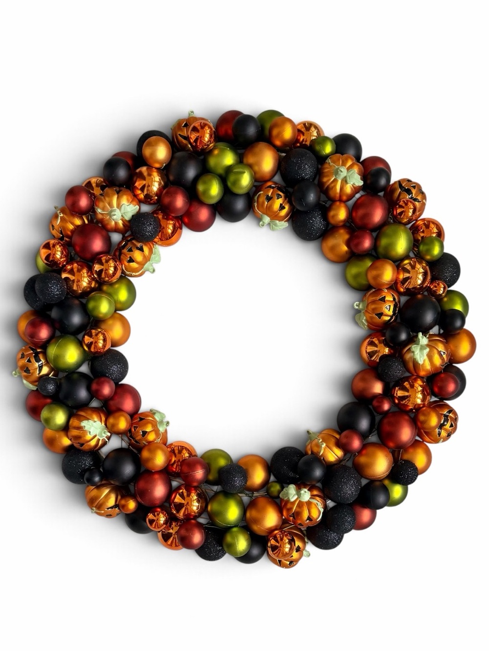 Halloween Orange & Black Jack-o'-Lantern Pumpkin & Bauble Ornament 20” Wreath